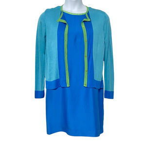 Talbots Petites Sz 12P Sheath Dress & Matching Sweater Set Blue & Green Silk